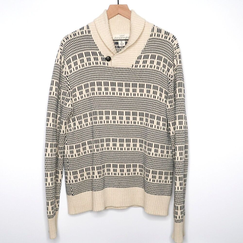 H&M Mens Shawl Collar Sweater Large Cream Teal Striped Holiday‎ Cabincore Preppy